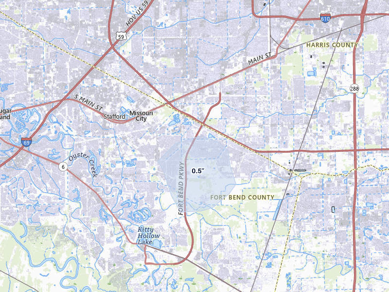 NEXRAD radar-signature map of the hail storm over Missouri City, TX on Jul 23, 2026