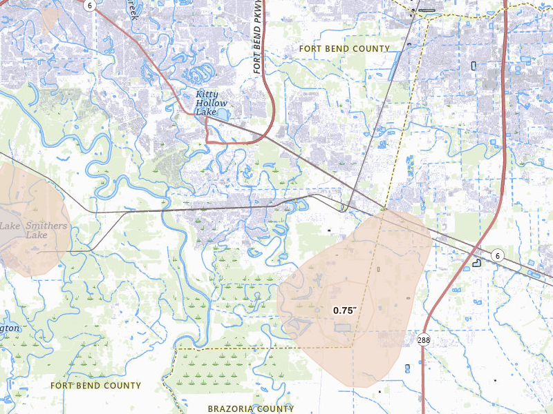 Radar-estimated hail-size map of the storm over Missouri City, TX on Aug 28, 2026
