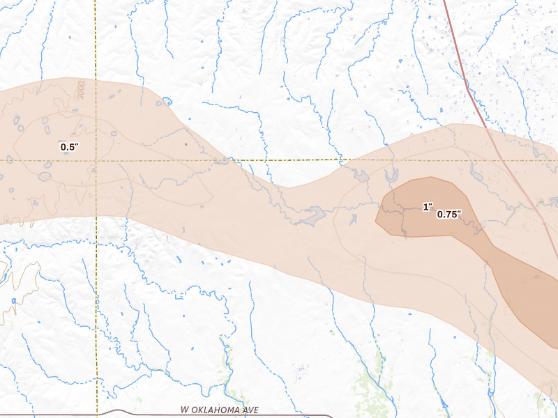 Radar-estimated hail-size map of the storm over Mobeetie, TX on May 9, 2026