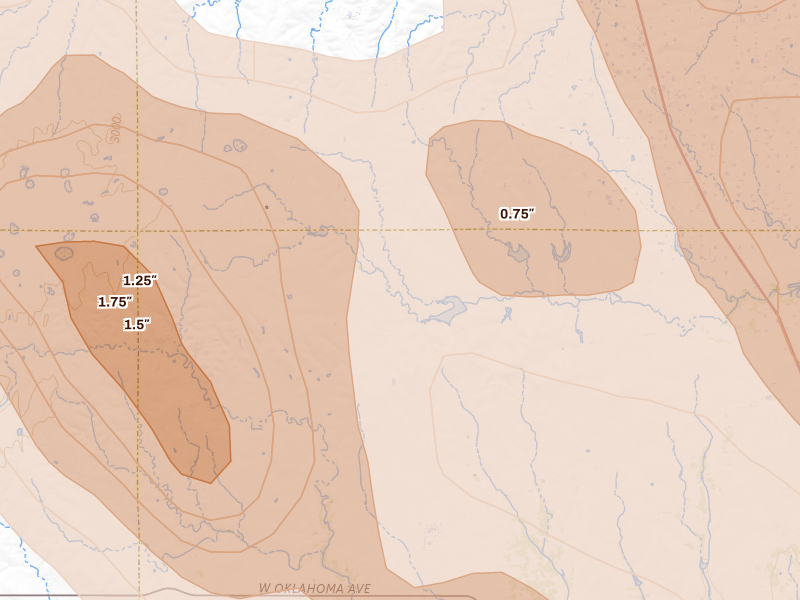 Radar-estimated hail-size map of the storm over Mobeetie, TX on Jun 23, 2026