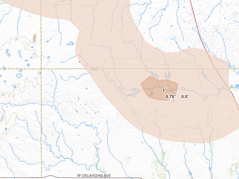 Radar-estimated hail-size map of the storm over Mobeetie, TX on Jun 26, 2026