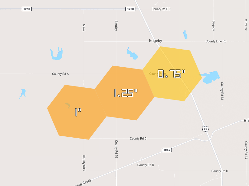 Hail map of Mobeetie, TX on Jun 27, 2026, hail up to 1.25"