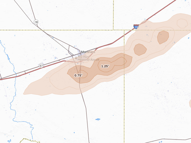 Radar-estimated hail-size map of the storm over Monahans, TX on Feb 13, 2026