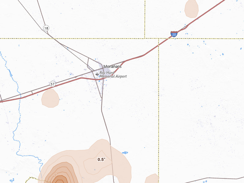 Radar-estimated hail-size map of the storm over Monahans, TX on Jun 28, 2026