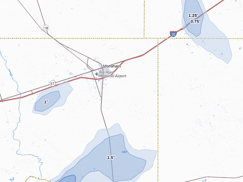 NEXRAD radar-signature map of the hail storm over Monahans, TX on Jun 28, 2026
