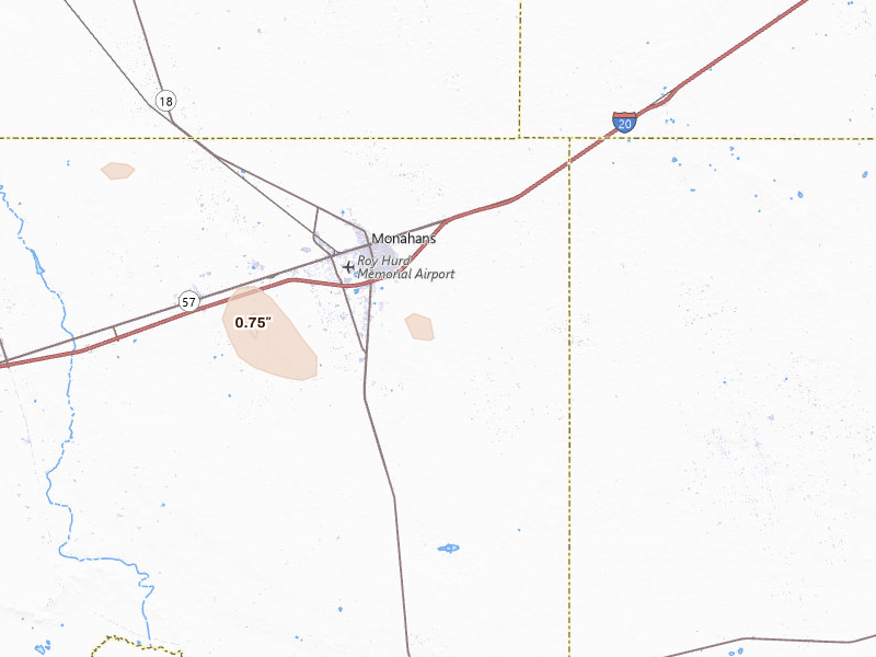 Radar-estimated hail-size map of the storm over Monahans, TX on Jul 16, 2026