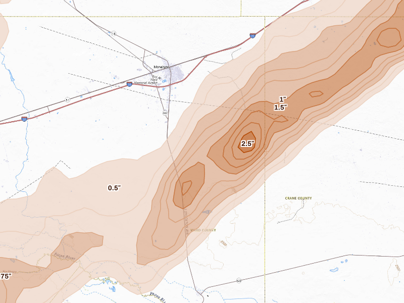 Radar-estimated hail-size map of the storm over Monahans, TX