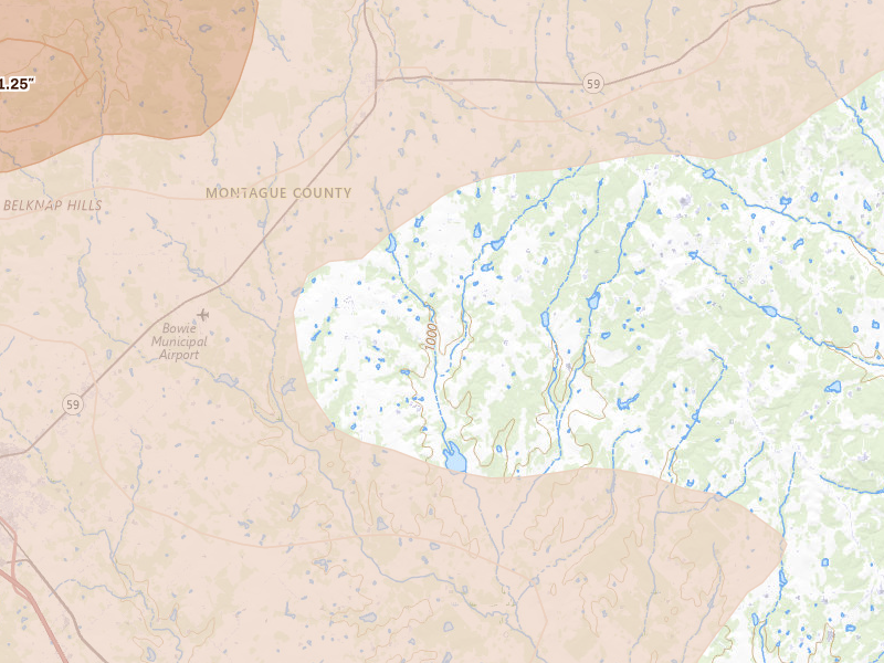 Radar-estimated hail-size map of the storm over Montague, TX on Apr 28, 2026