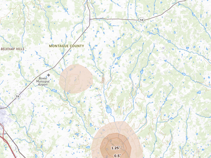Radar-estimated hail-size map of the storm over Montague, TX on May 24, 2026