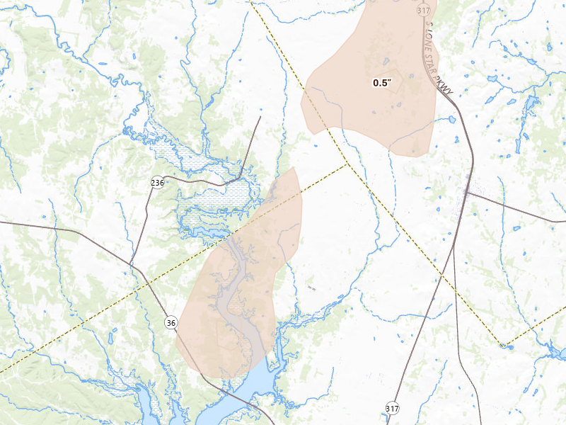 Radar-estimated hail-size map of the storm over Moody, TX on Jun 2, 2026