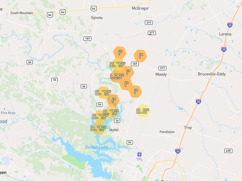 Hail map of Moody, TX on Jun 2, 2026, hail up to 1.25"