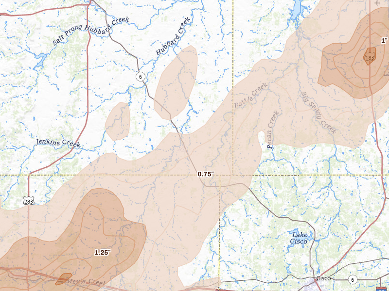 Radar-estimated hail-size map of the storm over Moran, TX on Mar 10, 2026