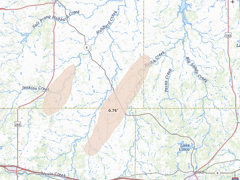 Radar-estimated hail-size map of the storm over Moran, TX on Apr 11, 2026
