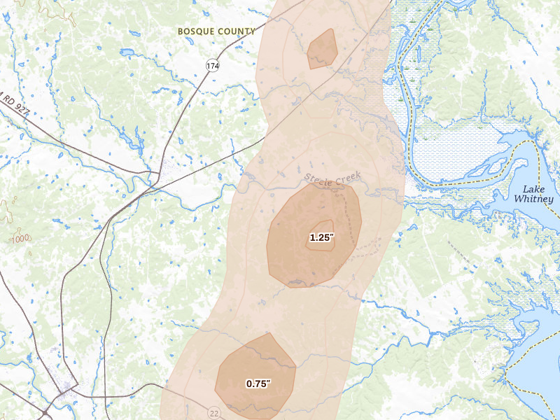 Radar-estimated hail-size map of the storm over Morgan, TX on May 19, 2026