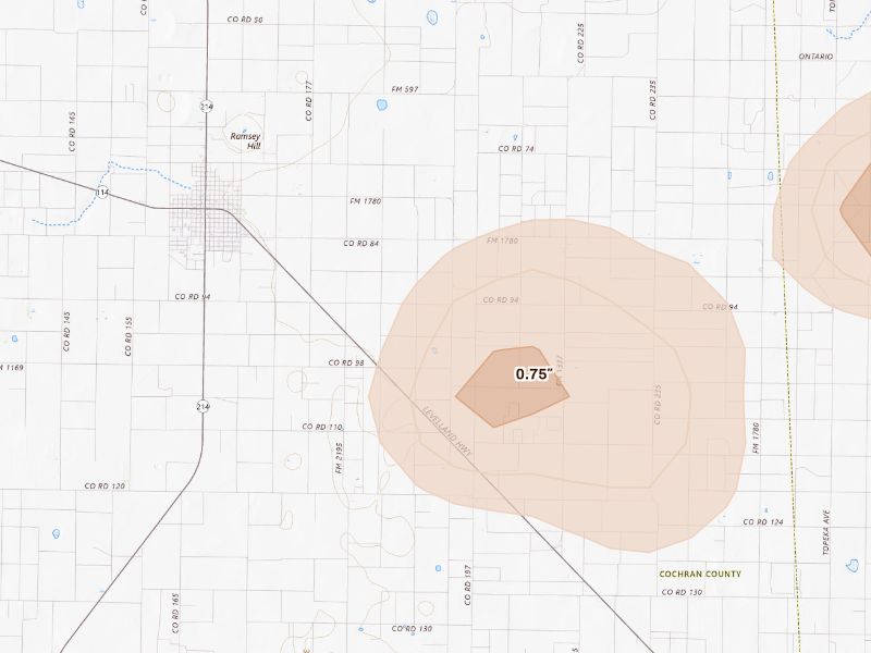Radar-estimated hail-size map of the storm over Morton, TX on Sep 21, 2026