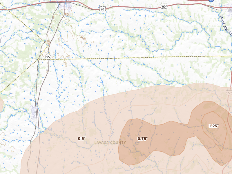 Radar-estimated hail-size map of the storm over Moulton, TX on Apr 30, 2026