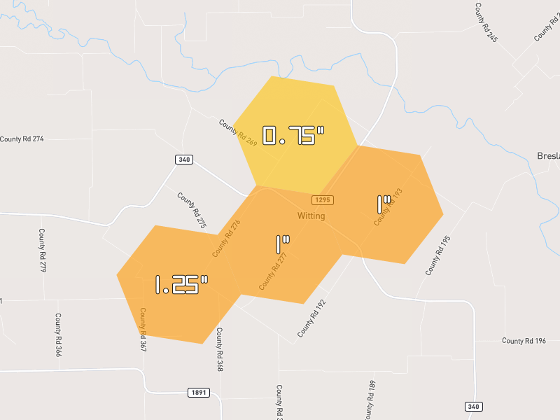Hail map of Moulton, TX on Jul 13, 2026, hail up to 1.25"