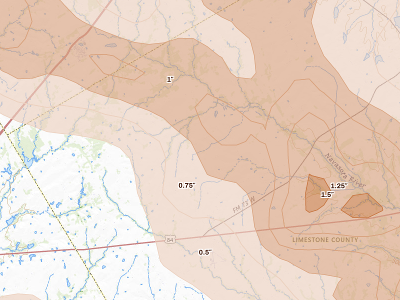Radar-estimated hail-size map of the storm over Mount Calm, TX on Apr 28, 2026