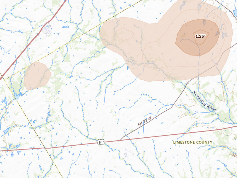 Radar-estimated hail-size map of the storm over Mount Calm, TX on Jun 2, 2026