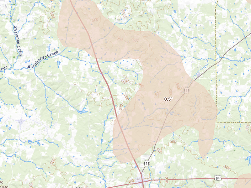 Radar-estimated hail-size map of the storm over Mount Enterprise, TX on Apr 24, 2026