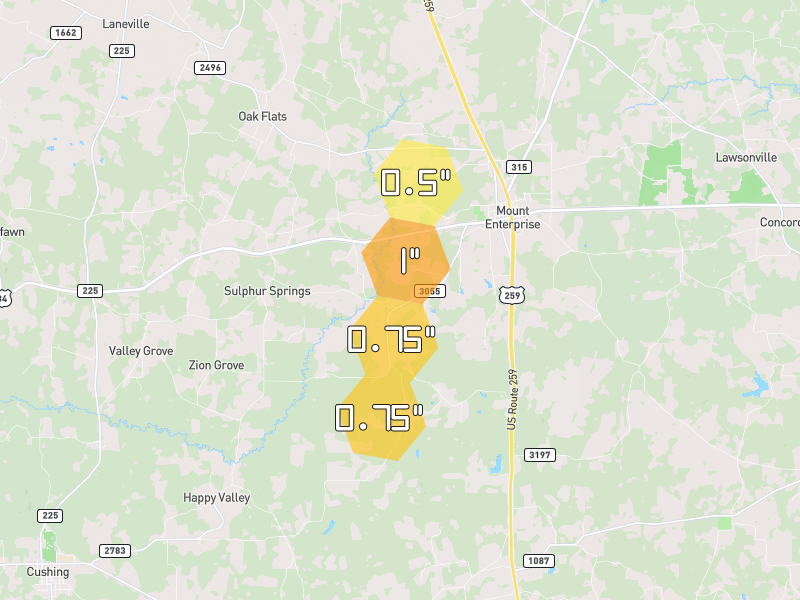 Hail map of Mount Enterprise, TX on Jul 5, 2026, hail up to 1"