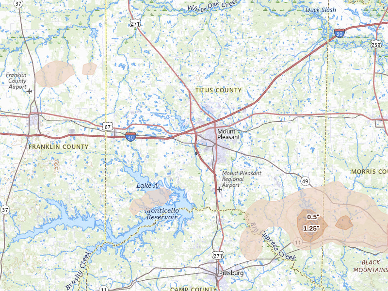 Radar-estimated hail-size map of the storm over Mount Pleasant, TX on Mar 15, 2026