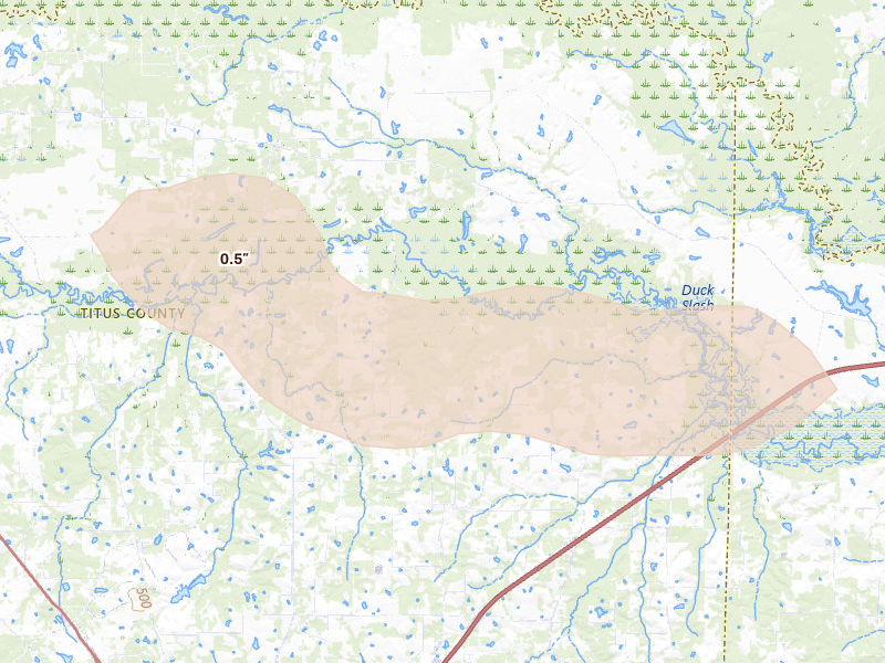 Radar-estimated hail-size map of the storm over Mount Pleasant, TX on Apr 29, 2026
