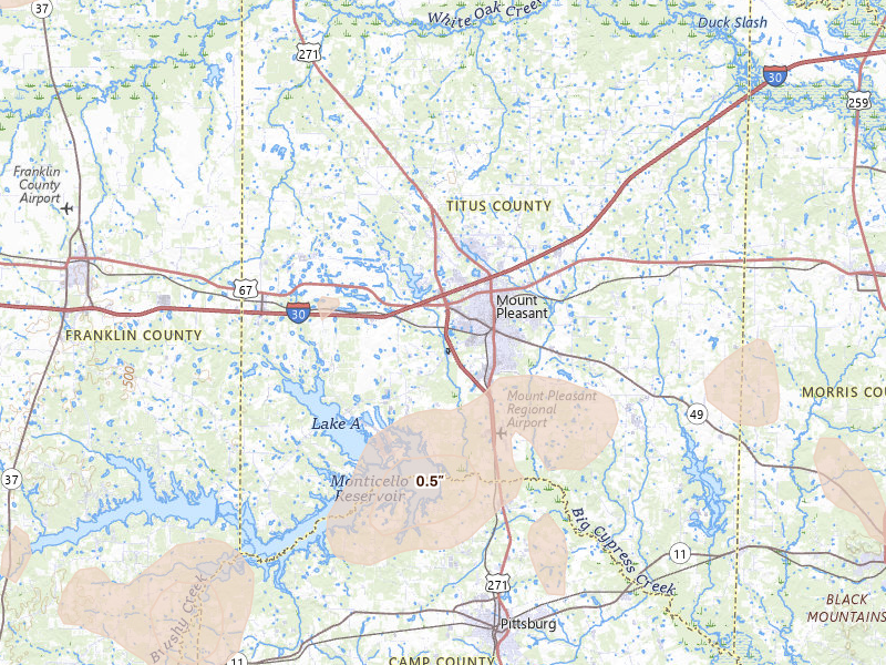 Radar-estimated hail-size map of the storm over Mount Pleasant, TX on May 22, 2026