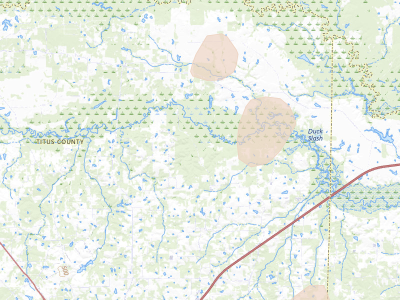 Radar-estimated hail-size map of the storm over Mount Pleasant, TX on Jun 2, 2026