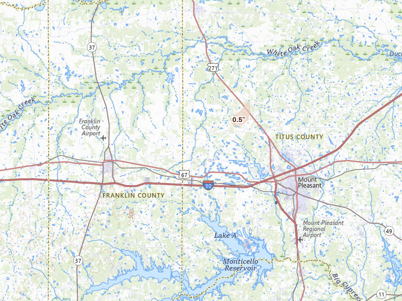Radar-estimated hail-size map of the storm over Mount Pleasant, TX on Jun 22, 2026