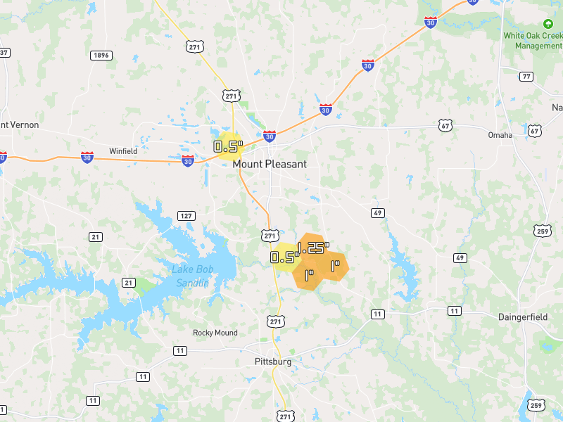 Hail map of Mount Pleasant, TX on Jul 6, 2026, hail up to 1.25"
