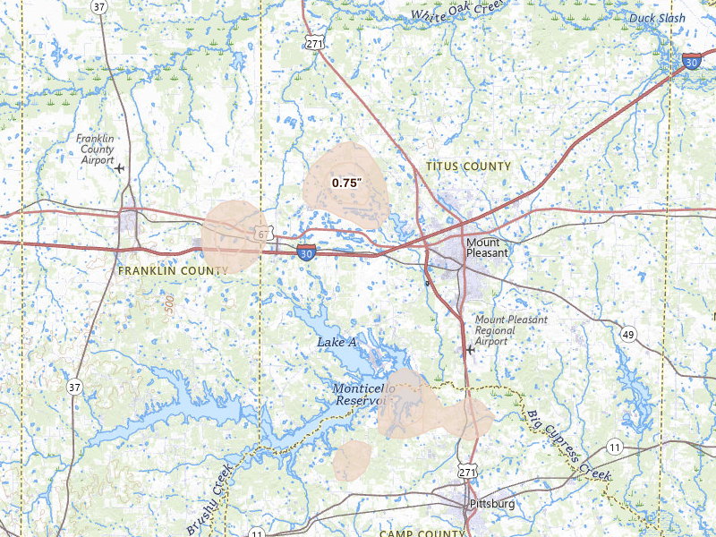 Radar-estimated hail-size map of the storm over Mount Pleasant, TX on Aug 8, 2026