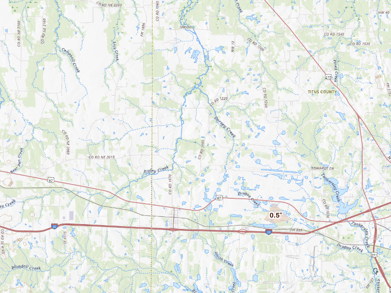 Radar-estimated hail-size map of the storm over Mount Pleasant, TX