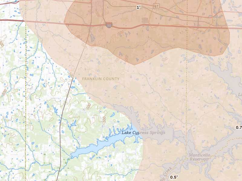 Radar-estimated hail-size map of the storm over Mount Vernon, TX on Apr 24, 2026