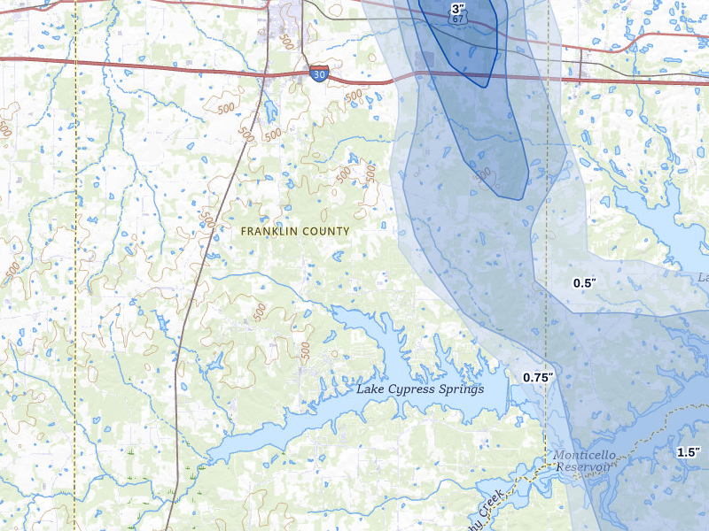 NEXRAD radar-signature map of the hail over Mount Vernon, TX