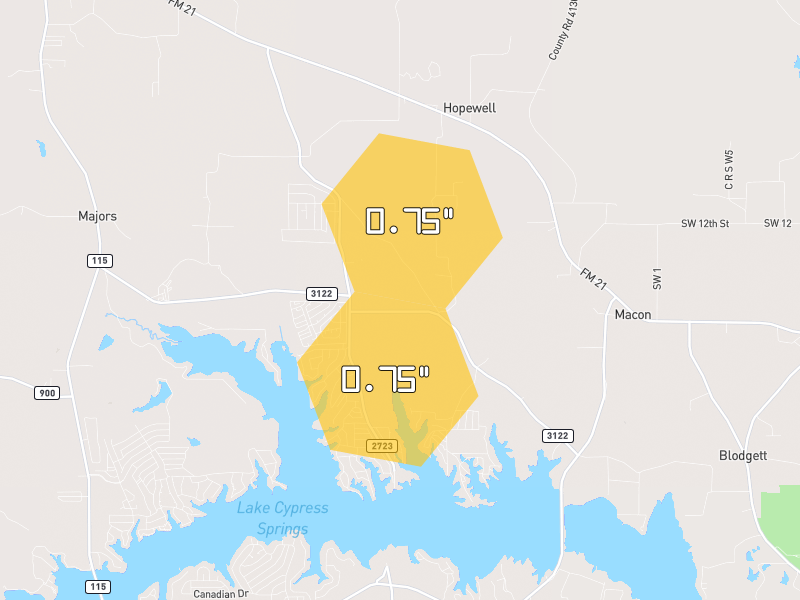 Hail map of Mount Vernon, TX on Jun 2, 2026, hail up to 0.75"