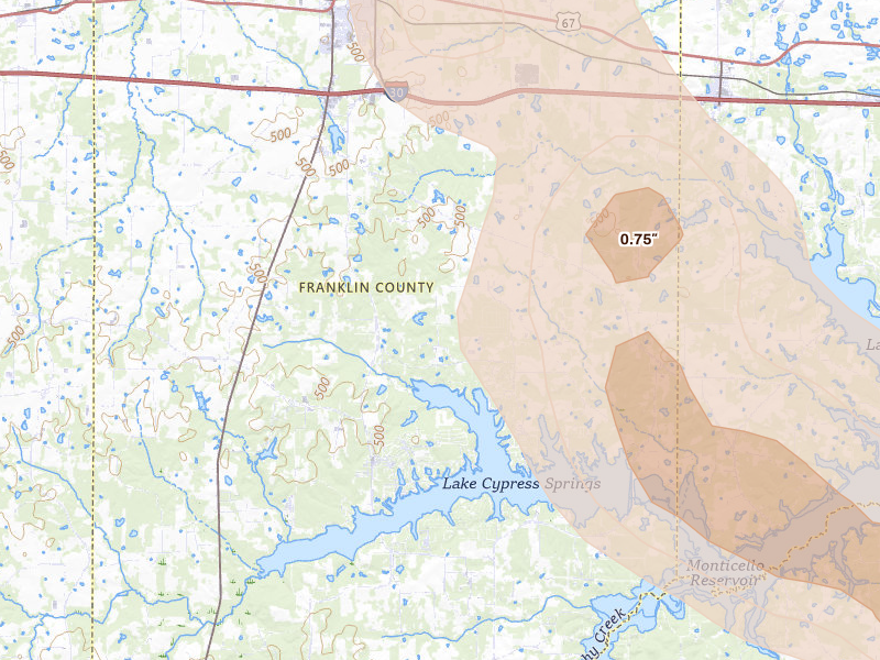 Radar-estimated hail-size map of the storm over Mount Vernon, TX on Jun 23, 2026