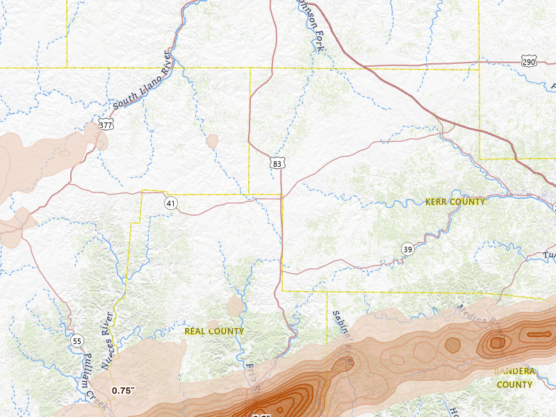 Radar-estimated hail-size map of the storm over Mountain Home, TX on Mar 10, 2026