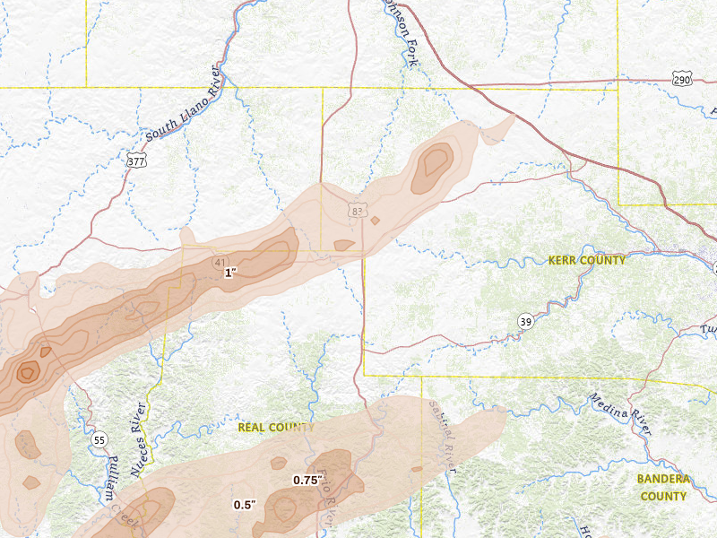 Radar-estimated hail-size map of the storm over Mountain Home, TX