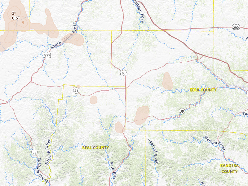 Radar-estimated hail-size map of the storm over Mountain Home, TX on May 10, 2026