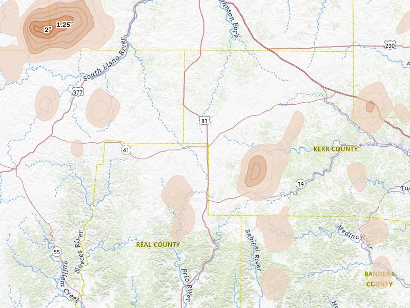 Radar-estimated hail-size map of the storm over Mountain Home, TX on May 19, 2026