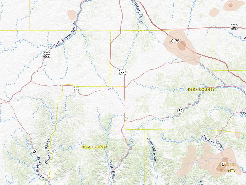 Radar-estimated hail-size map of the storm over Mountain Home, TX on May 24, 2026