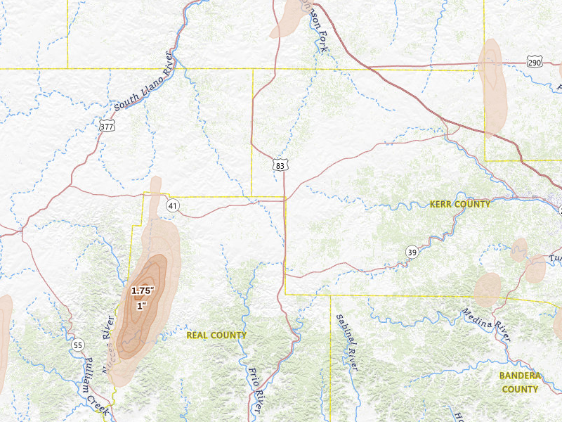 Radar-estimated hail-size map of the storm over Mountain Home, TX on May 26, 2026