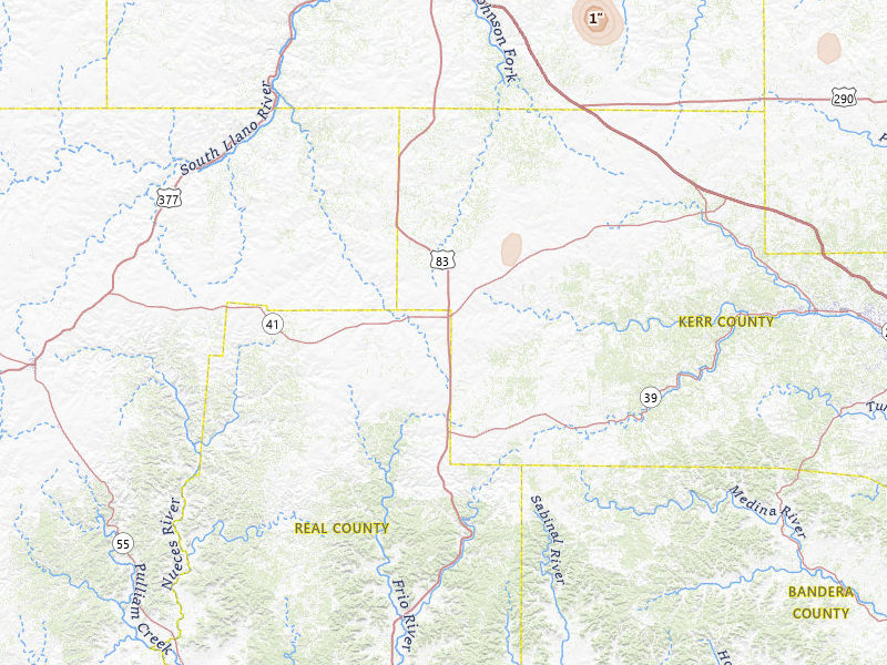 Radar-estimated hail-size map of the storm over Mountain Home, TX on Jul 6, 2026