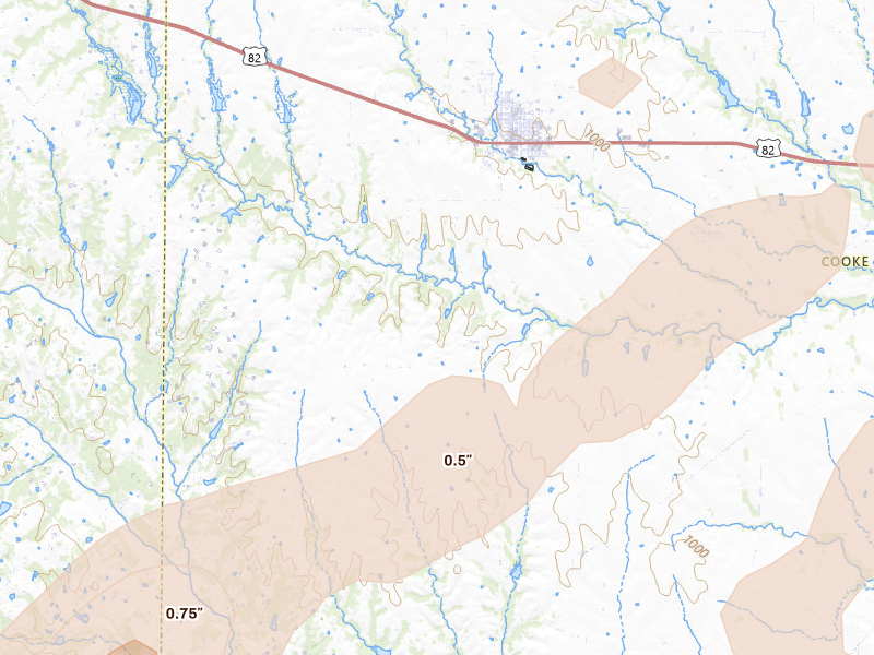 Radar-estimated hail-size map of the storm over Muenster, TX