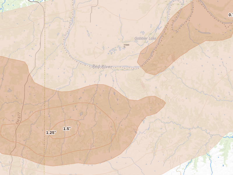 Radar-estimated hail-size map of the storm over Muenster, TX on Apr 28, 2026
