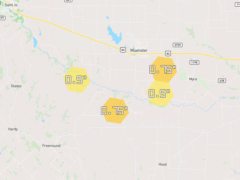 Hail map of Muenster, TX on Jun 6, 2026, hail up to 0.75"