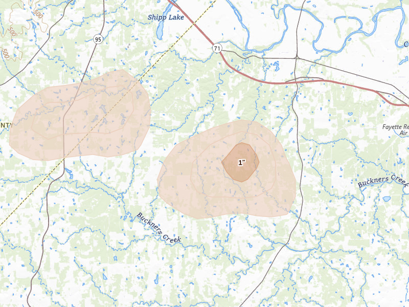 Radar-estimated hail-size map of the storm over Muldoon, TX on Aug 28, 2026