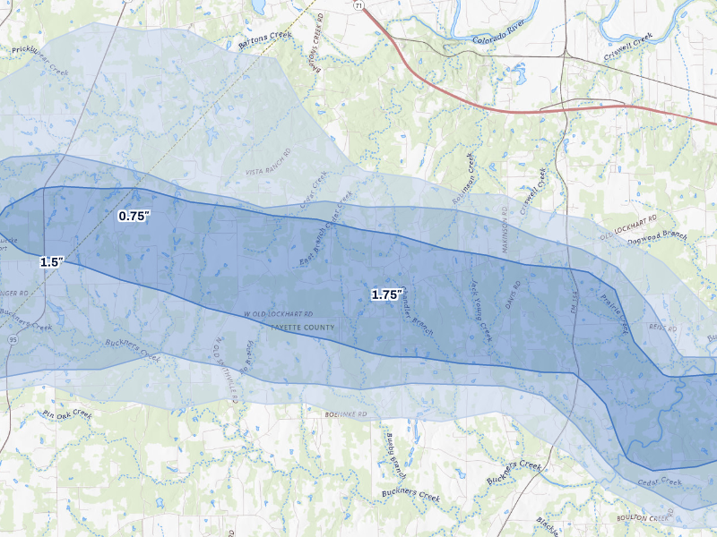 NEXRAD radar-signature map of the hail storm over Muldoon, TX on Aug 28, 2026