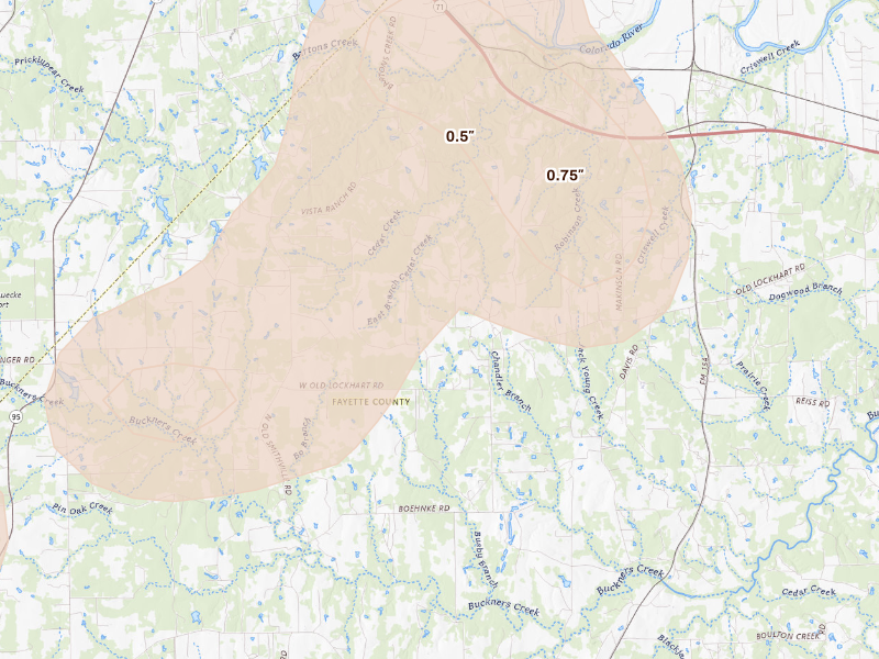 Radar-estimated hail-size map of the storm over Muldoon, TX